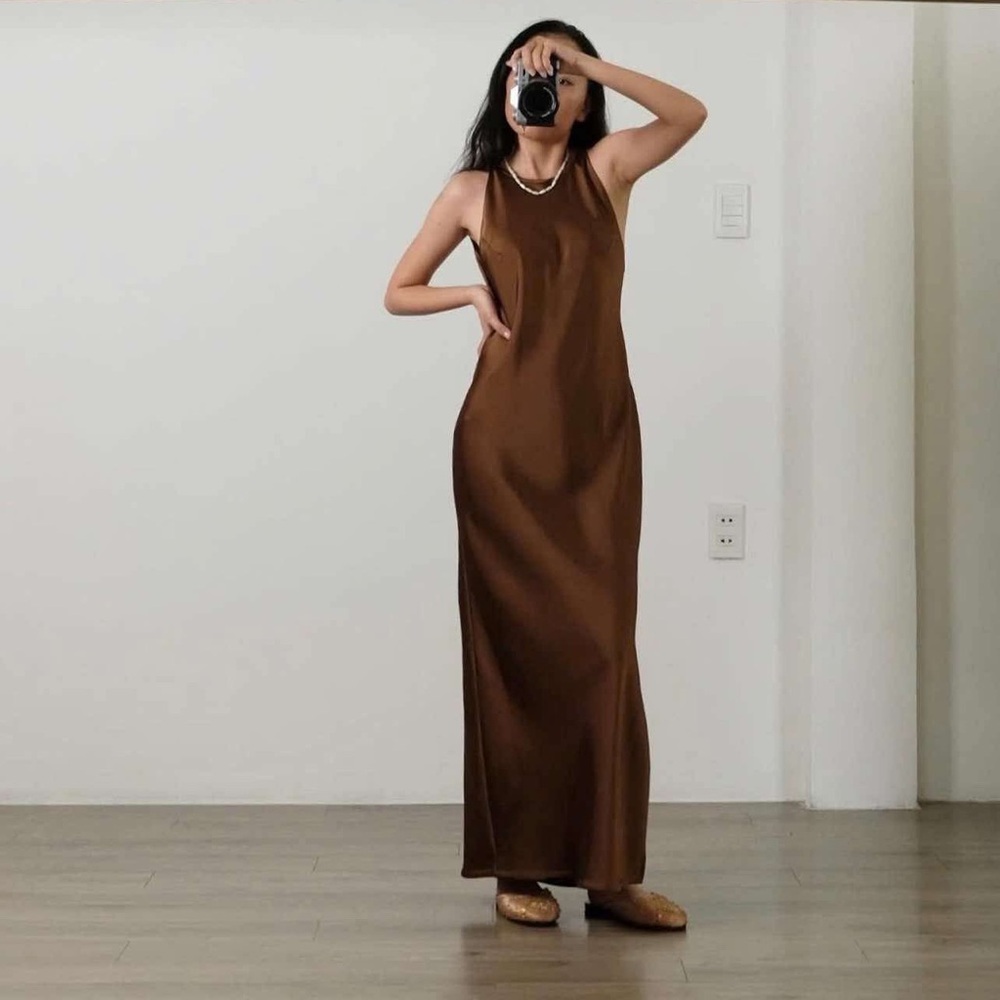 Women's Brown Sleeveless Silk Maxi Dress
